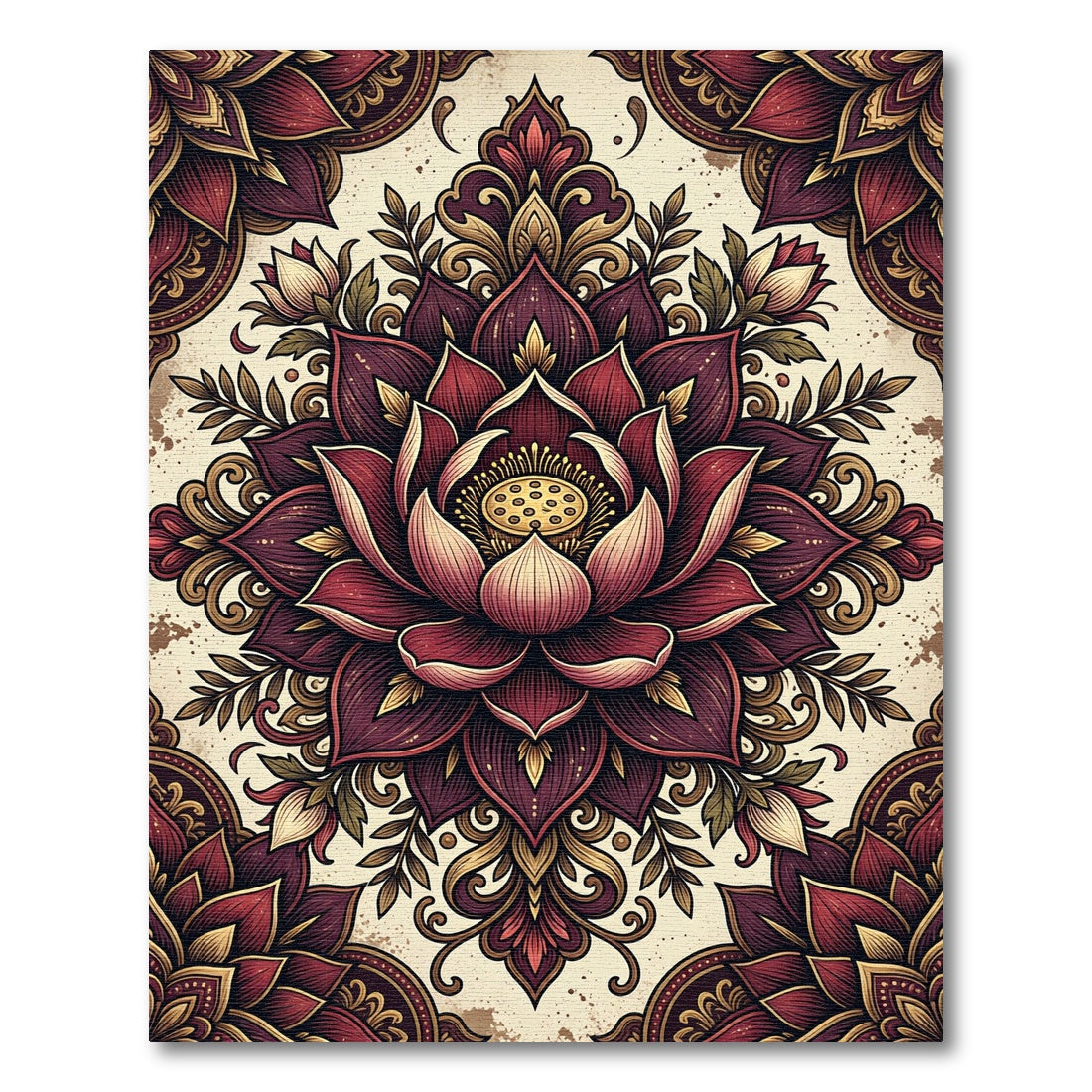 Rich Burgundy Lotus Mandala Overlay Rug