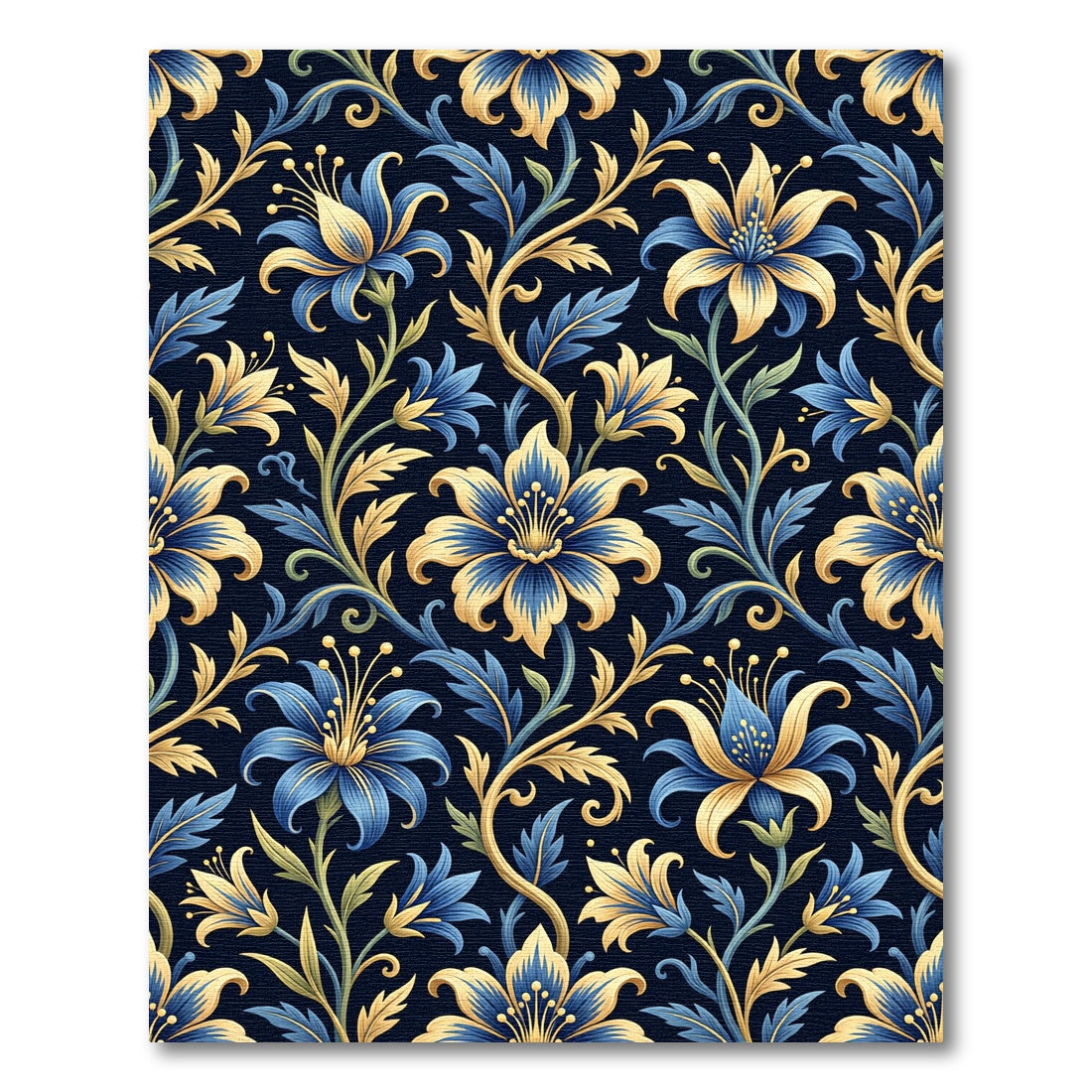Golden Floral Vine Blue Botanical Art Rug