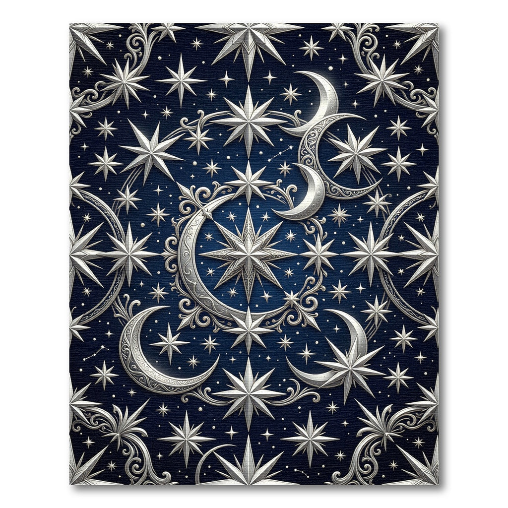 Celestial Silver Crescent and Star Night Sky Rug