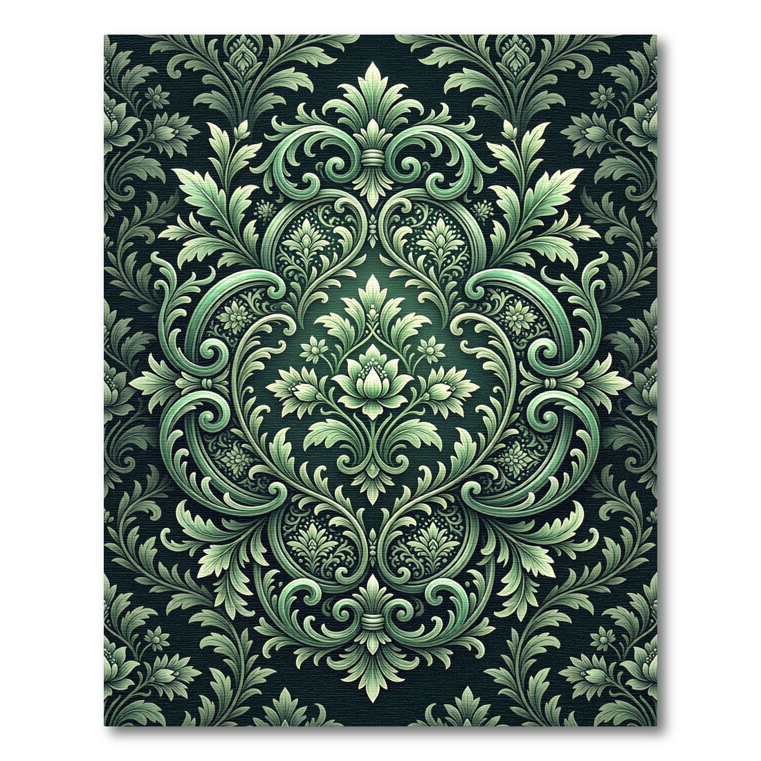 Emerald Green Damask Scrollwork Floral Rug