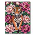 Majestic Tiger amidst Lush Pink Peonies Rug