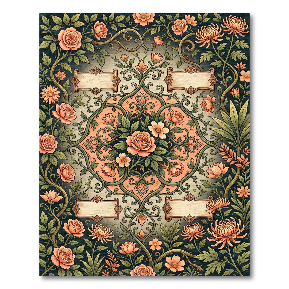 Coral Floral Rose Vine Medallion Rug