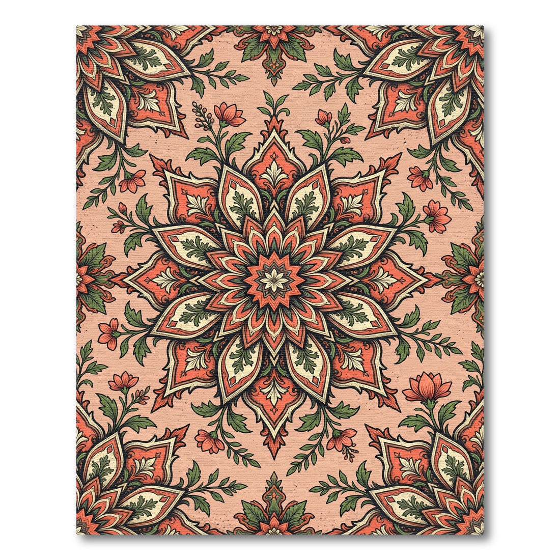 Coral And Green Floral Medallion Rug