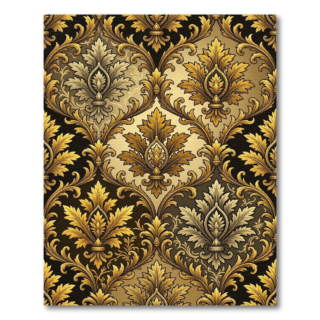Elegant Golden Damask Leaf Scroll Rug