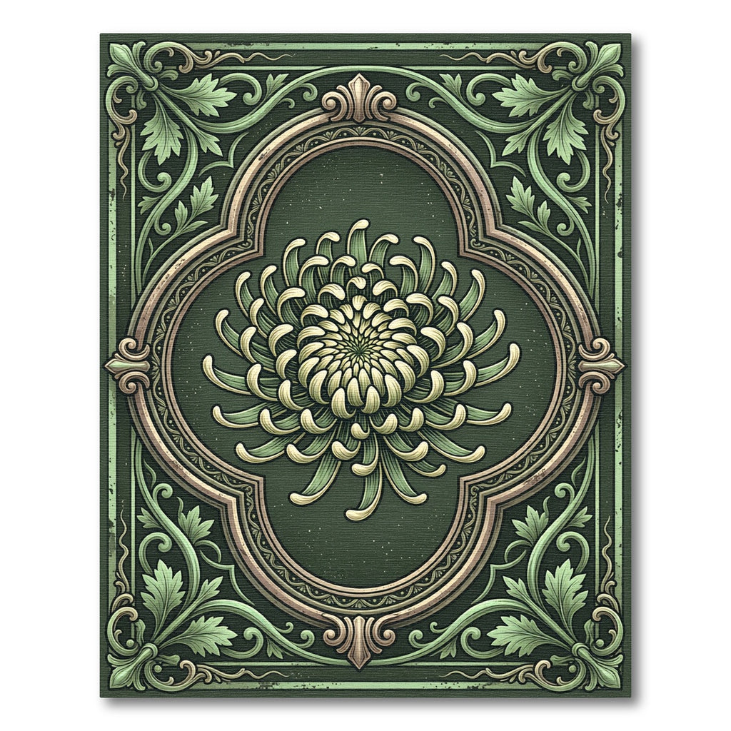 Sage Green Ornate Chrysanthemum Floral Medallion Rug