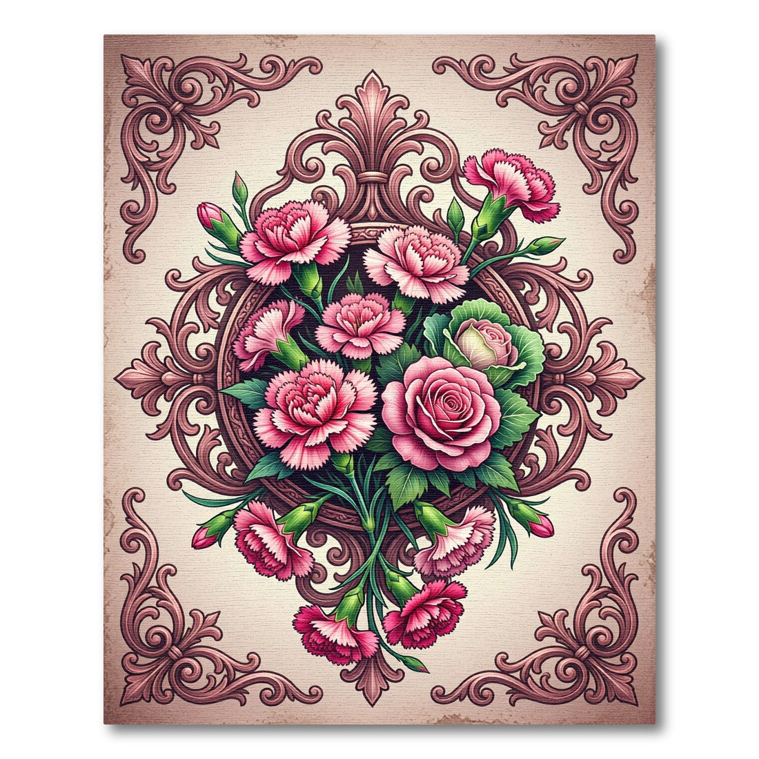 Elegant Pink Carnation Rose Floral Medallion Rug