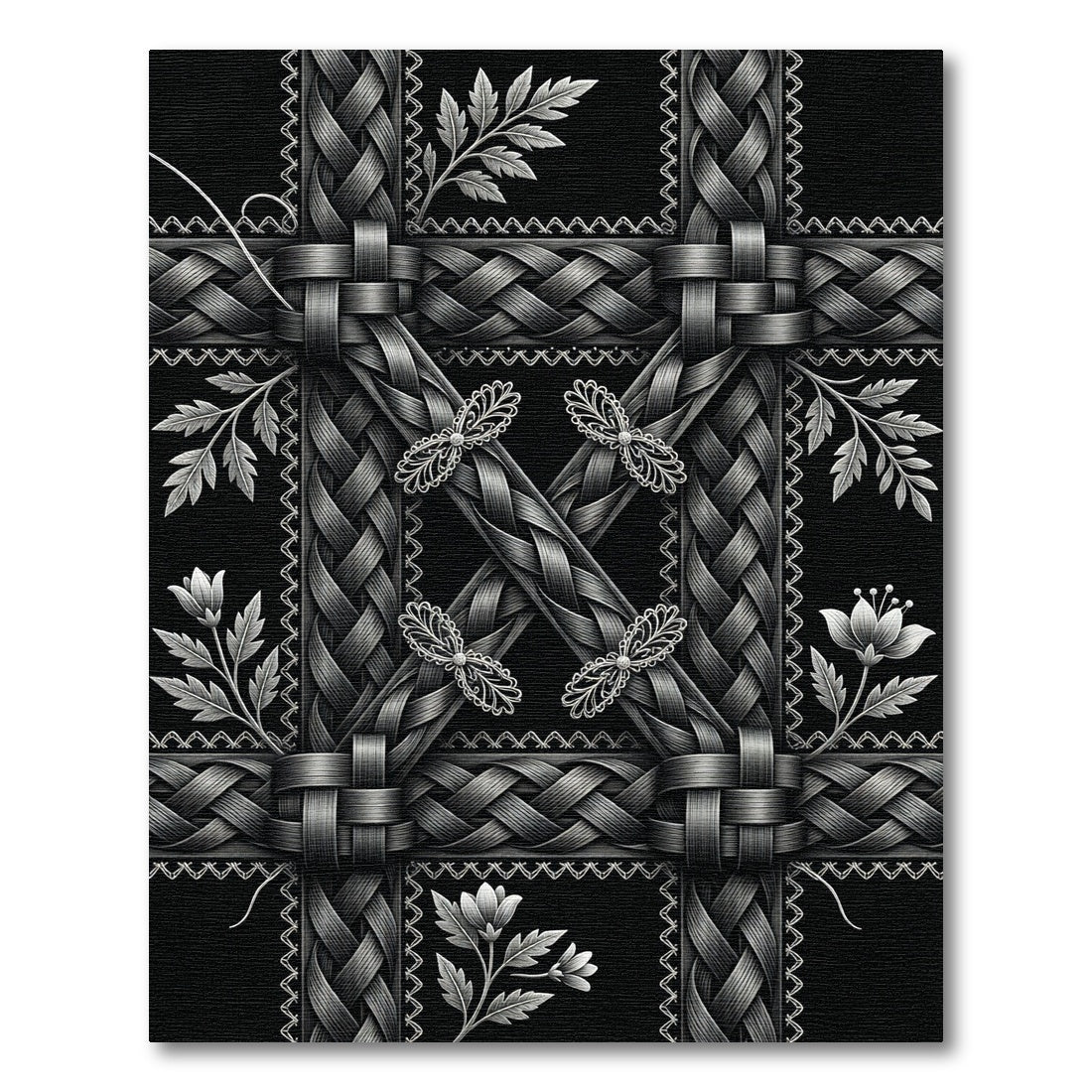 Ornate Black Silver Braided Floral Rug