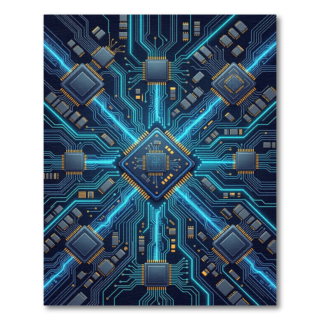 Glowing Neon Circuit Board Fractal Art Rug