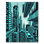 Futuristic Teal Geometric Skyscraper Skyline Rug