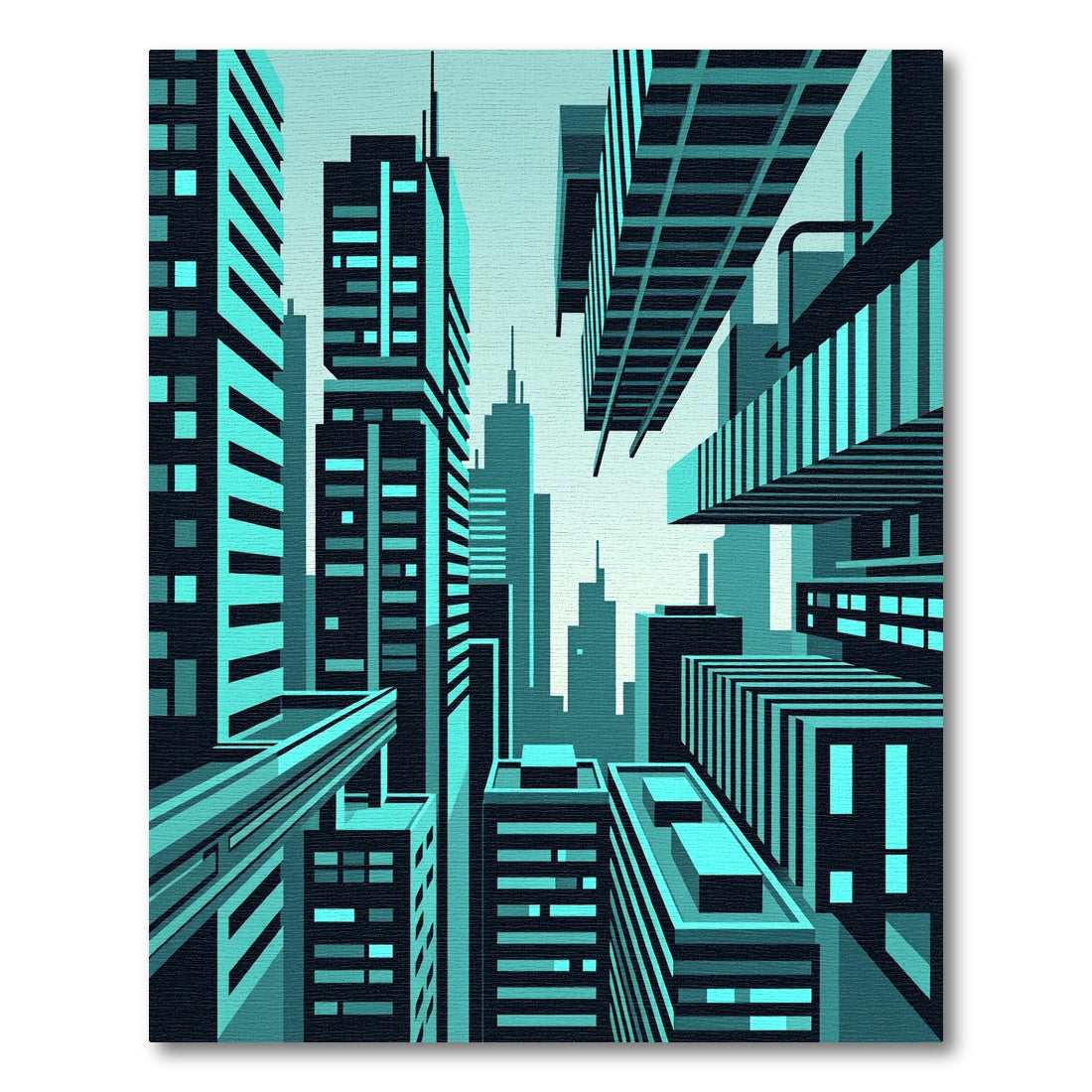Futuristic Teal Geometric Skyscraper Skyline Rug