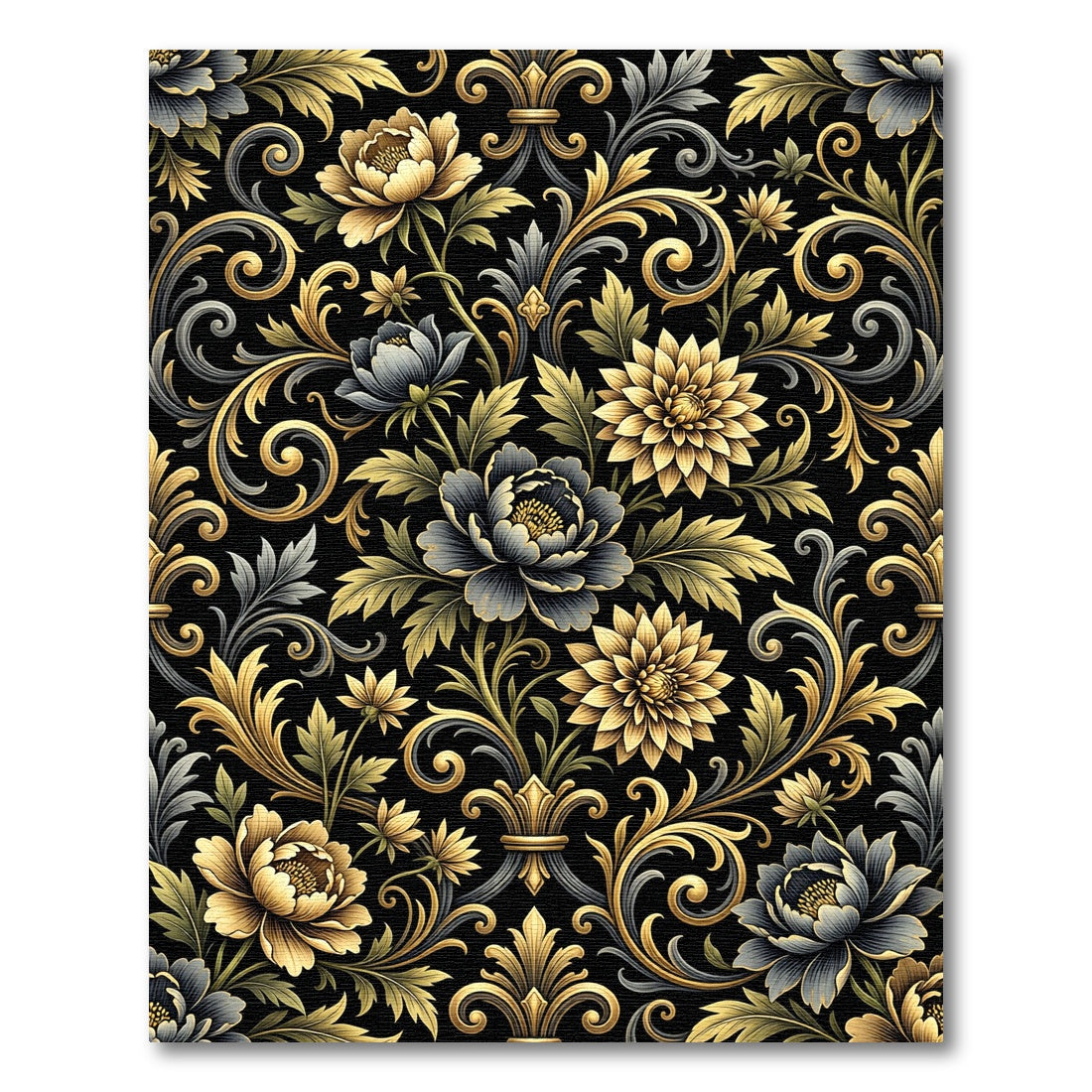Gold Floral Baroque Damask Peony Swirl Rug