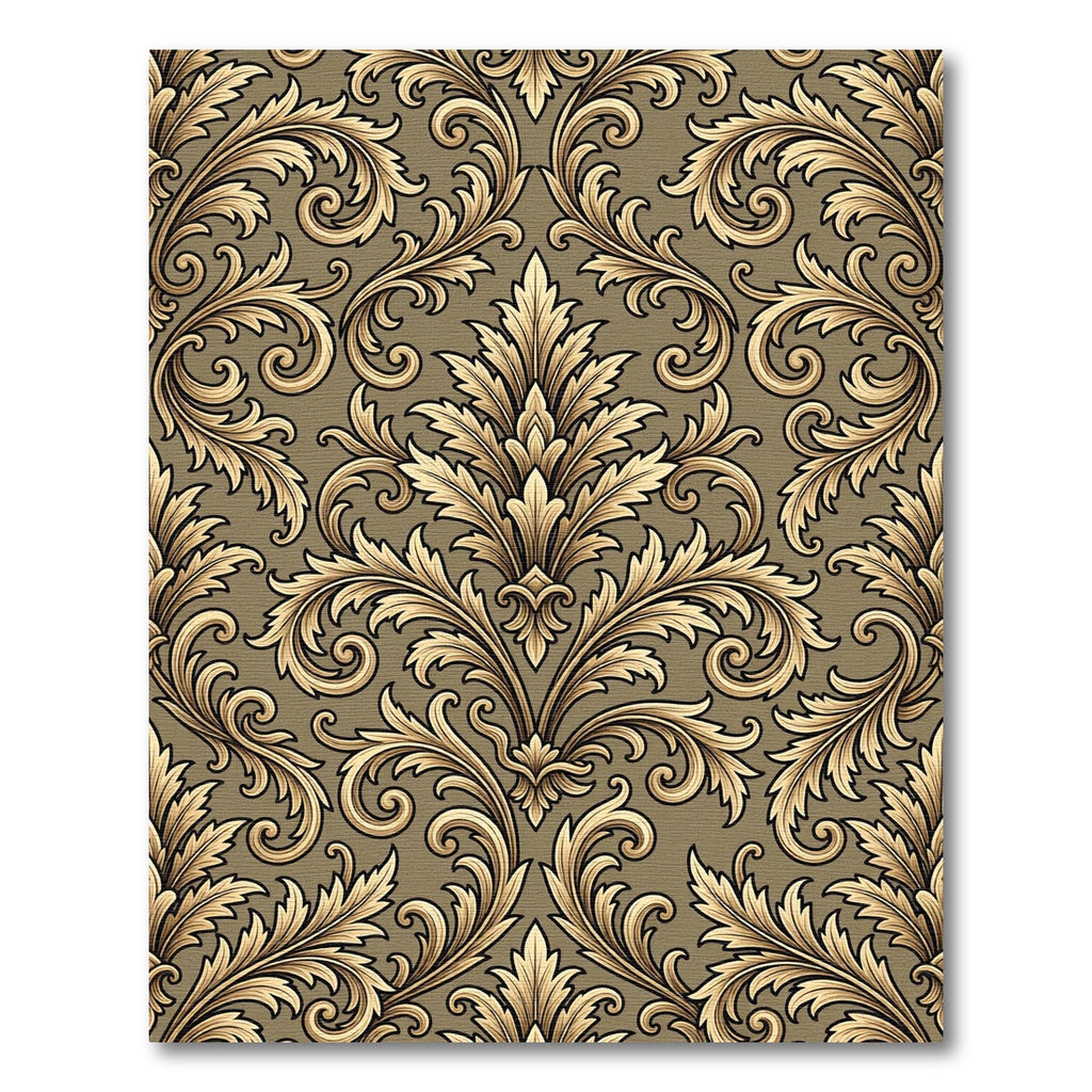 Golden Baroque Damask Foliage Scrollwork Rug