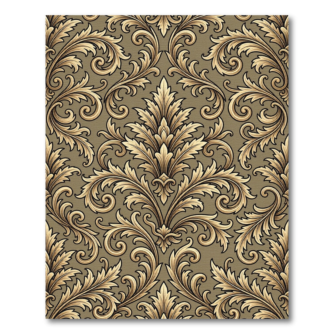 Golden Baroque Damask Foliage Scrollwork Rug