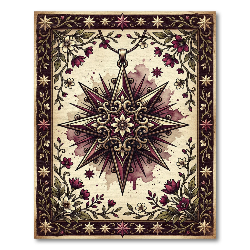 Gothic Burgundy Celestial Star Floral Medallion Rug