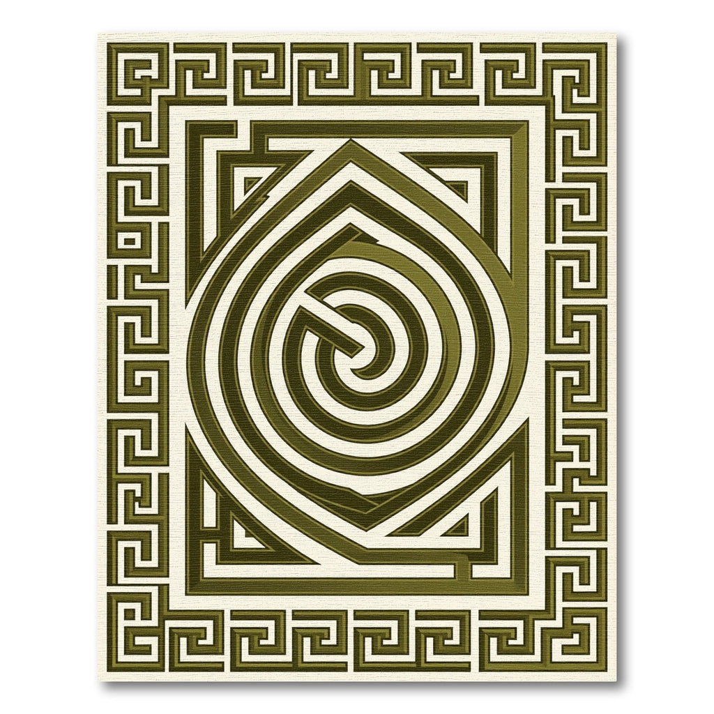 Olive Green Geometric Greek Key Spiral Rug