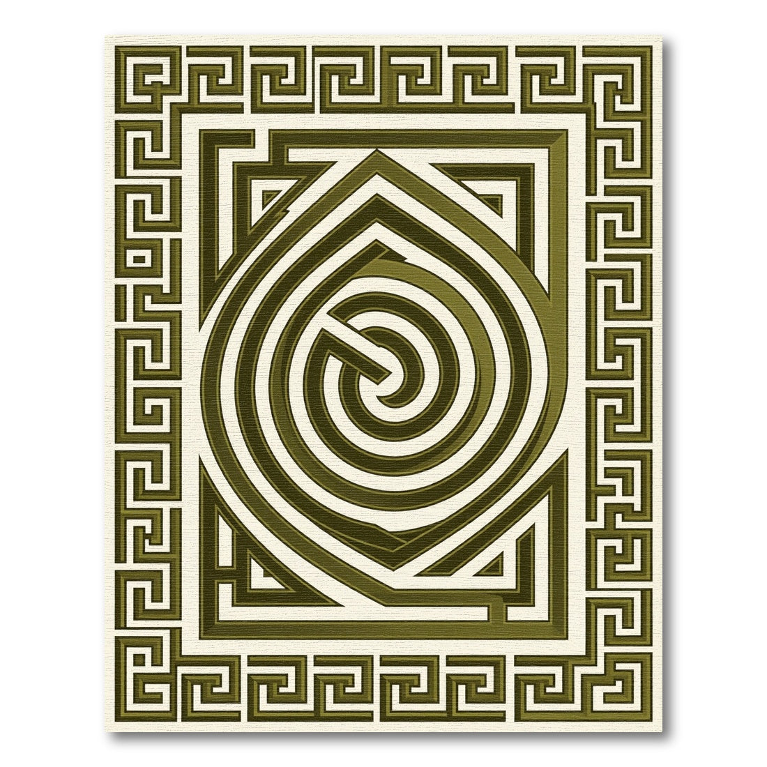 Olive Green Geometric Greek Key Spiral Rug
