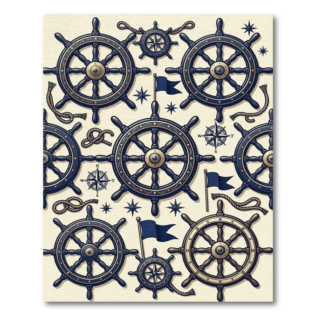 Nautical Navy Gold Compass Ship Wheel Rug