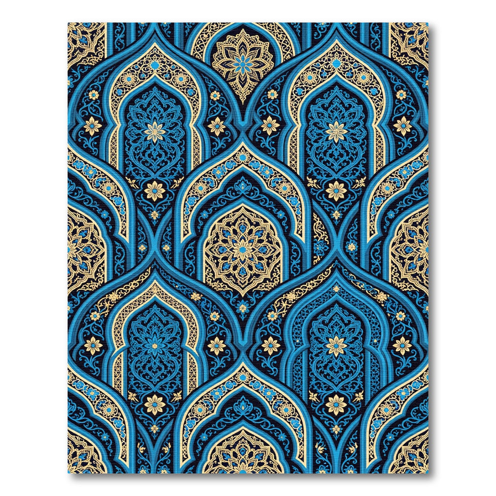 Golden Floral Arch Ornate Blue Tile Rug