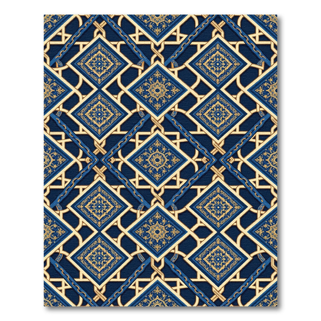 Ornate Navy Gold Geometric Tile Rug