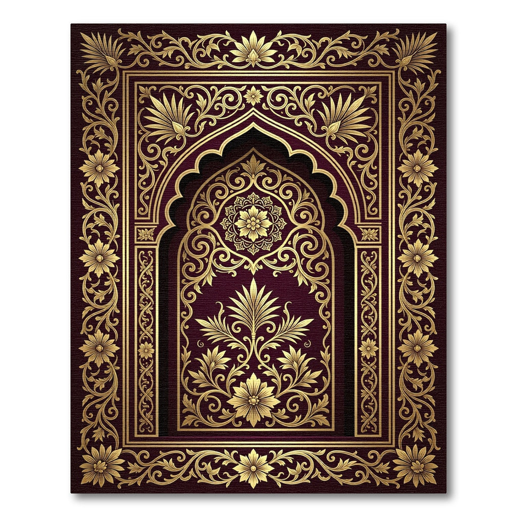 Elegant Golden Filigree Damask Burgundy Rug