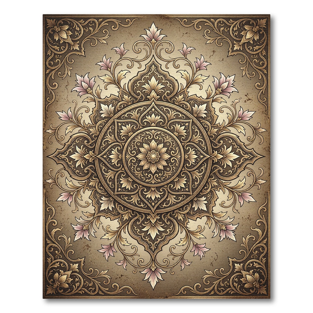 Vintage Golden Floral Medallion Scroll Rug