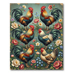 Vintage Rooster and Floral Foliage Illustration Rug