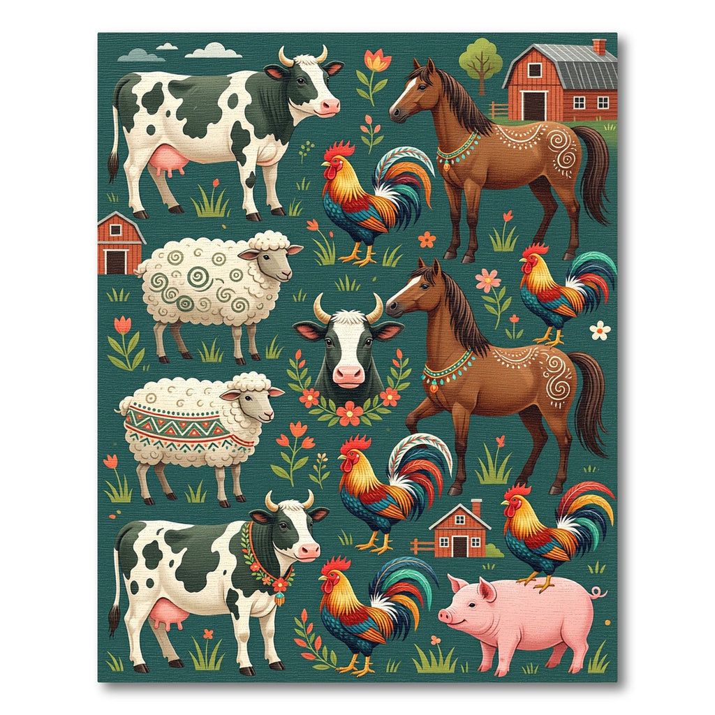 Charming Farm Animal Forest Green Illustration Rug