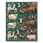 Charming Farm Animal Forest Green Illustration Rug