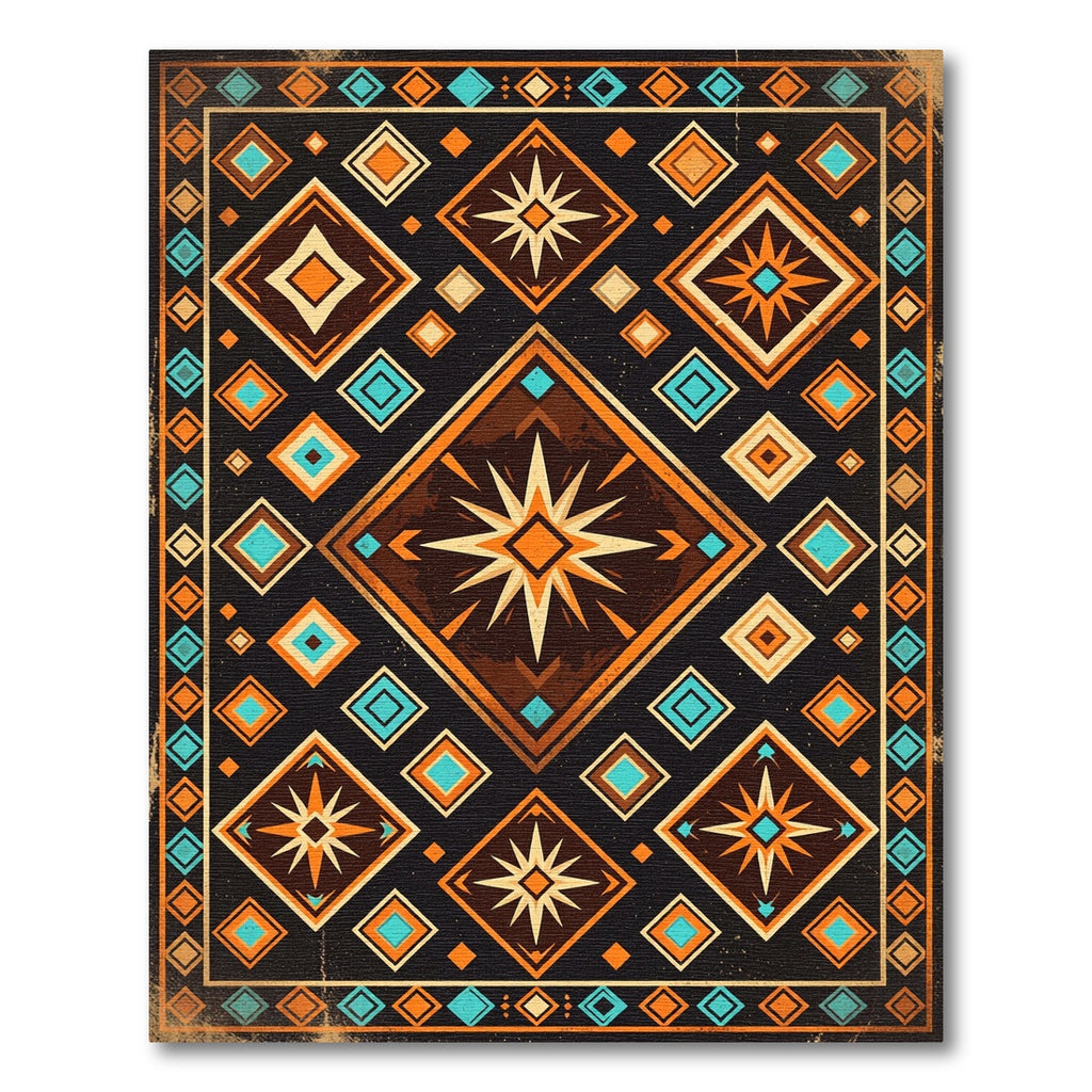 Geometric Starry Navy and Amber Mosaic Rug