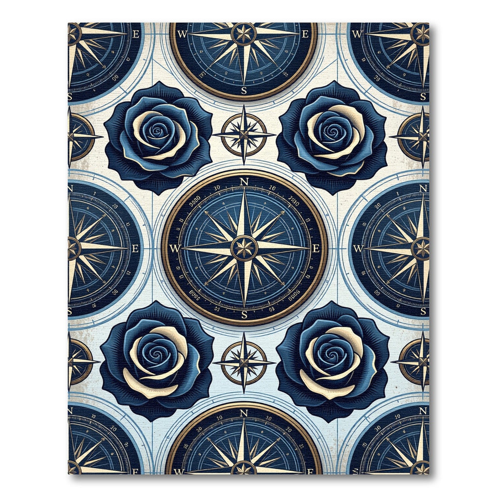 Navy Nautical Compass and Rose Floral Rug