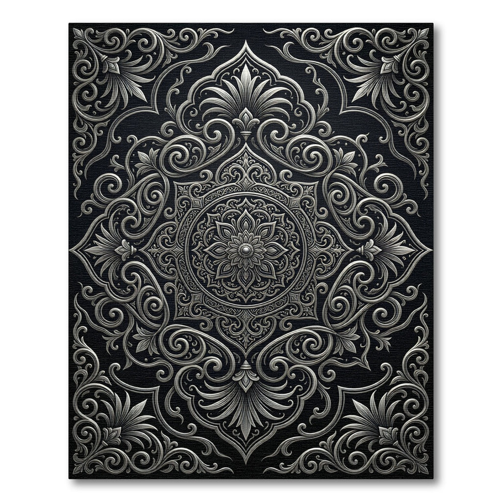 Ornate Silver Mandala Black Background Rug