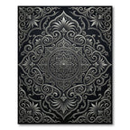 Ornate Silver Mandala Black Background Rug