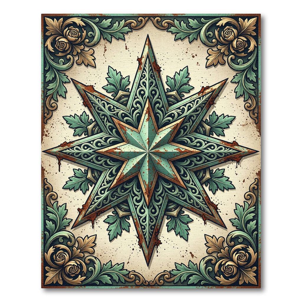 Rustic Oxidized Copper Star Scroll Ornament Rug