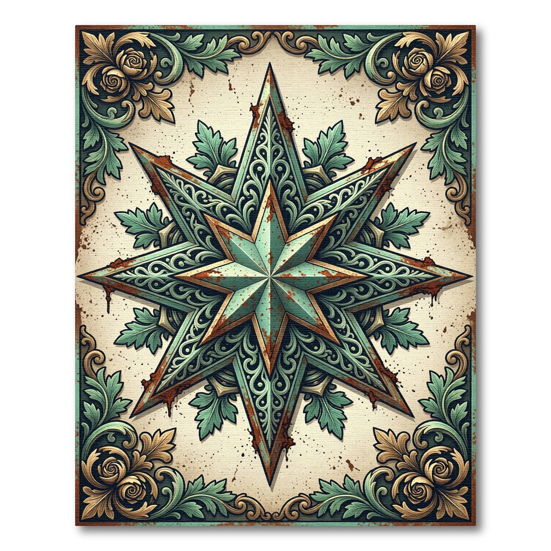 Rustic Oxidized Copper Star Scroll Ornament Rug