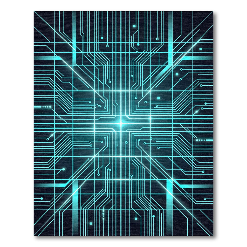 Luminous Cyan Cyber Circuit Grid Rug