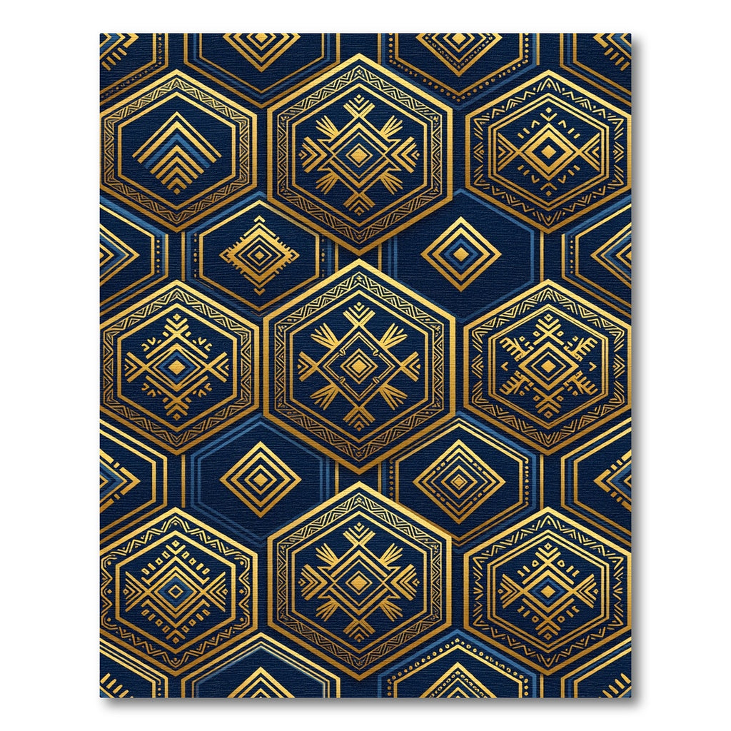 Geometric Navy and Gold Hexagon Art Rug