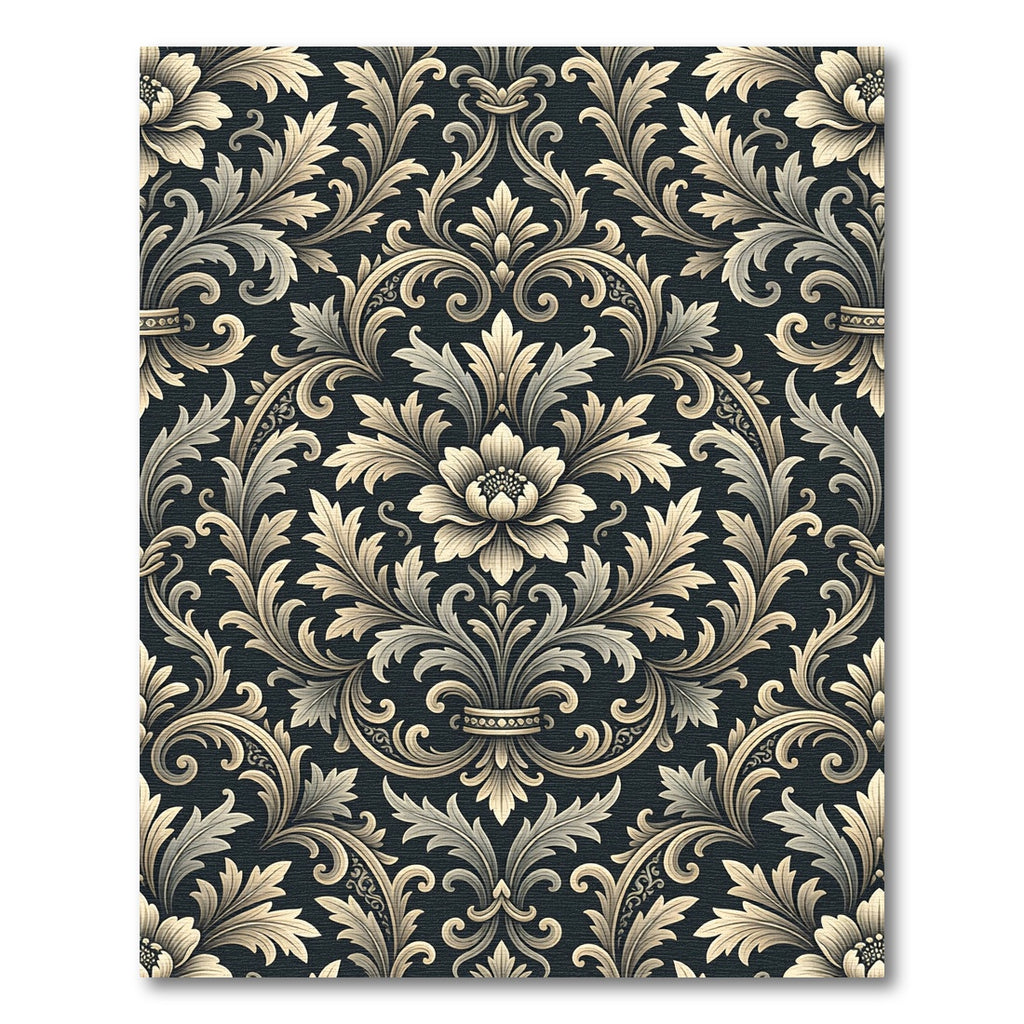 Elegant Charcoal Cream Damask Luxury Scroll Rug