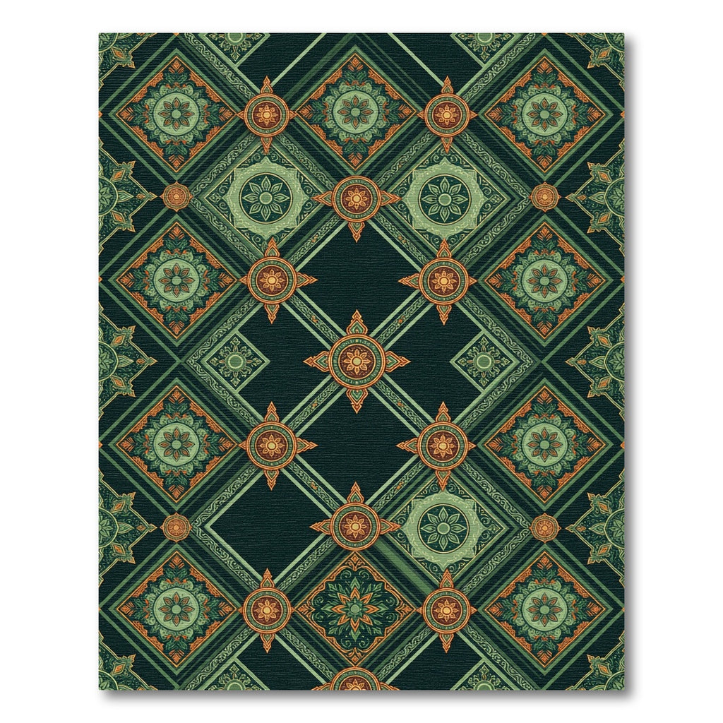 Emerald Geometric Lattice Floral Medallion Rug