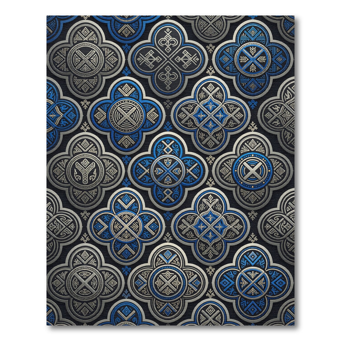 Blue Silver Ornate Quatrefoil Geometric Tile Rug