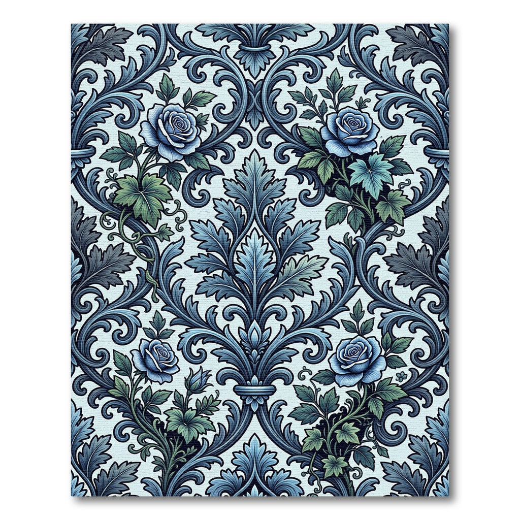 Elegant Blue Rose Damask Scroll Rug