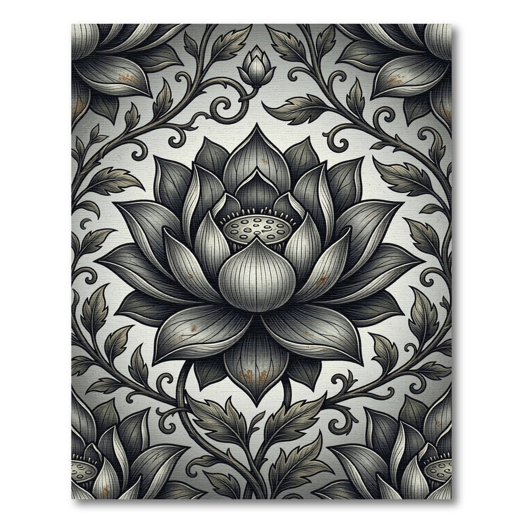 Elegant Monochrome Lotus Botanical Rug