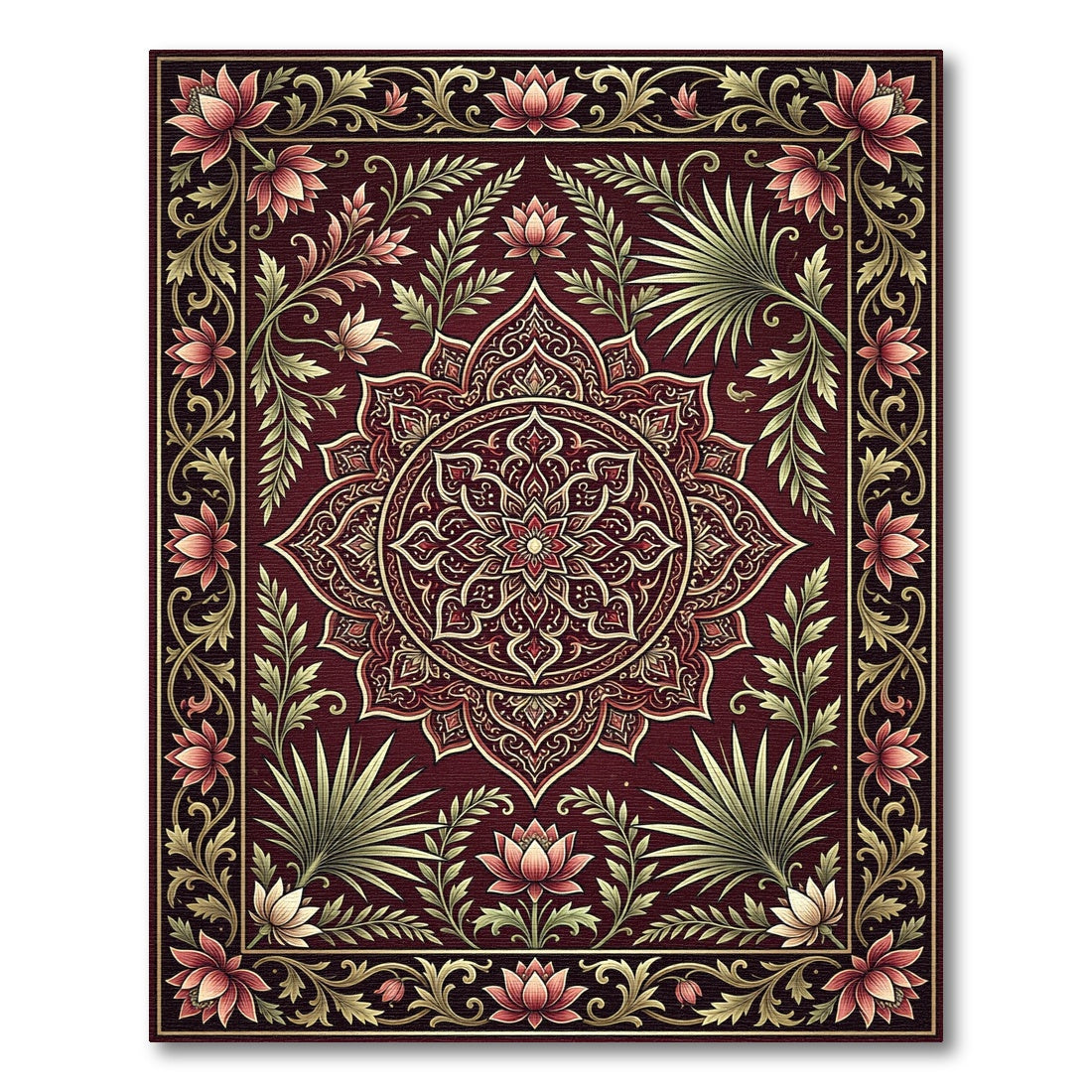 Ornate Crimson Lotus Medallion Foliage Rug