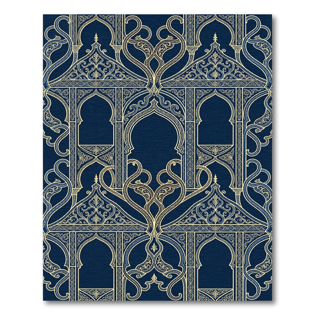 Midnight Blue Gold Arabesque Arch Rug