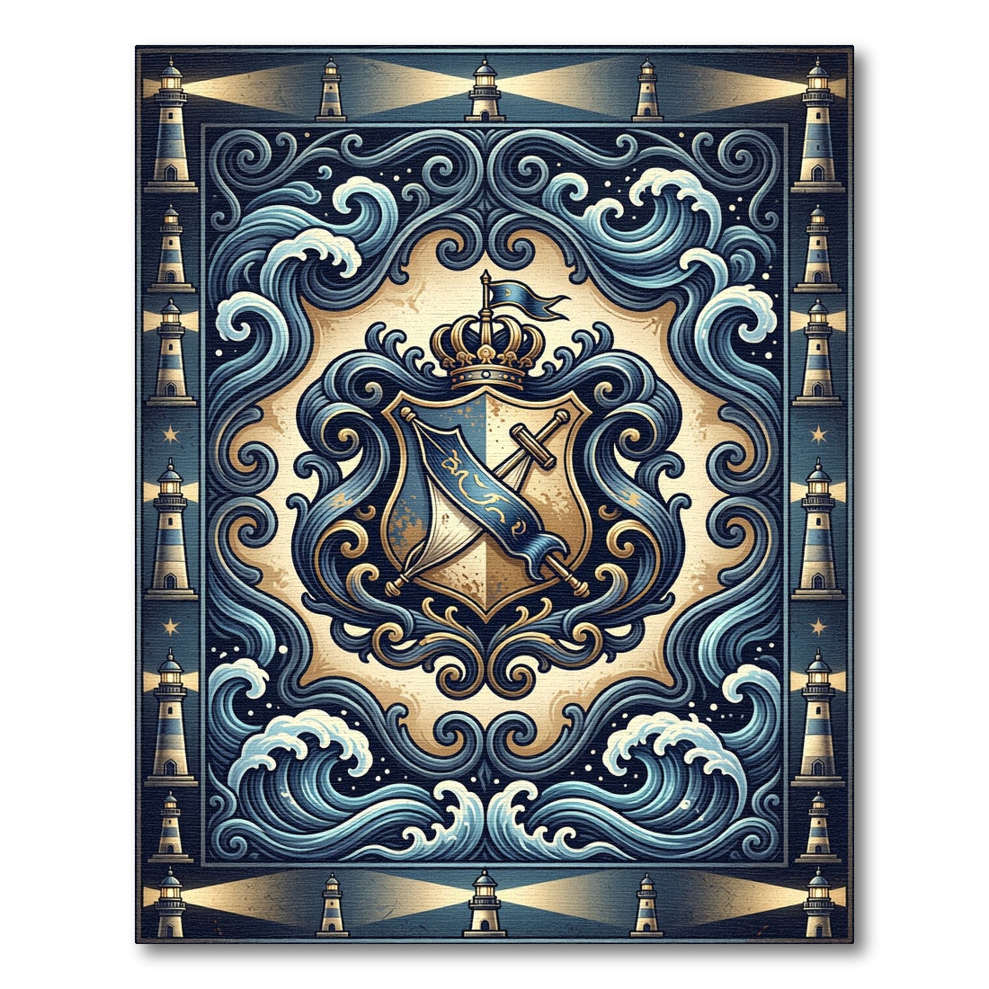 Regal Navy Gold Lighthouse Crest Rug