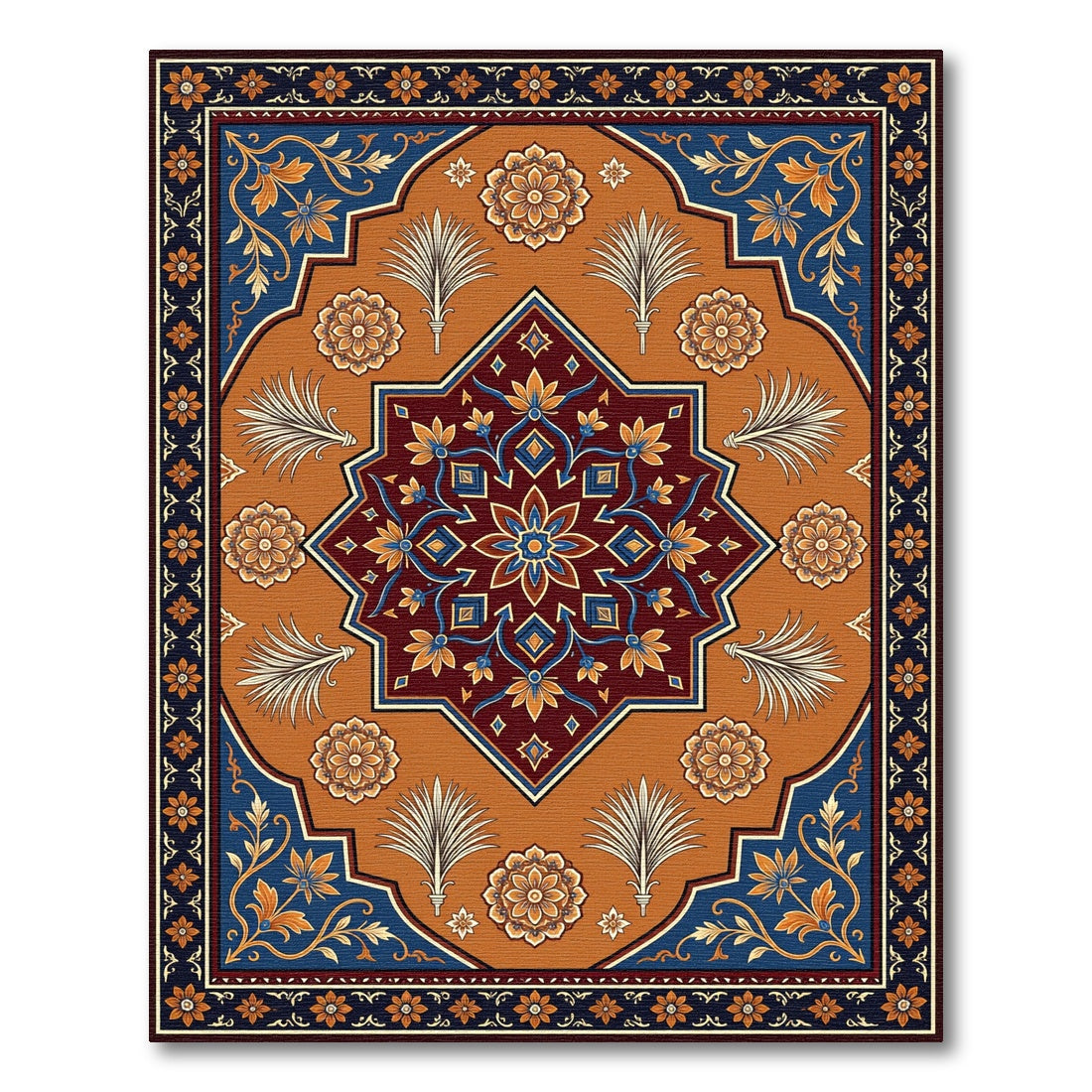 Ornate Red Blue Floral Medallion Rug