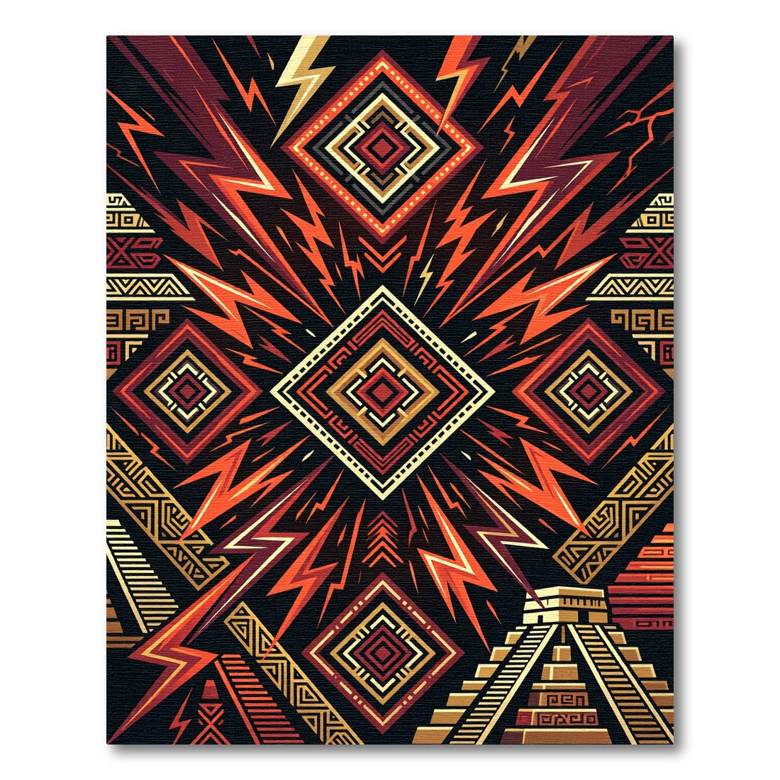 Geometric Crimson Gold Mayan Lightning Art Rug