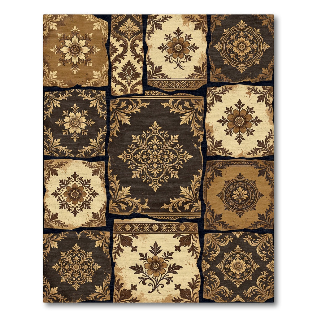 Vintage Brown Damask Floral Patchwork Rug