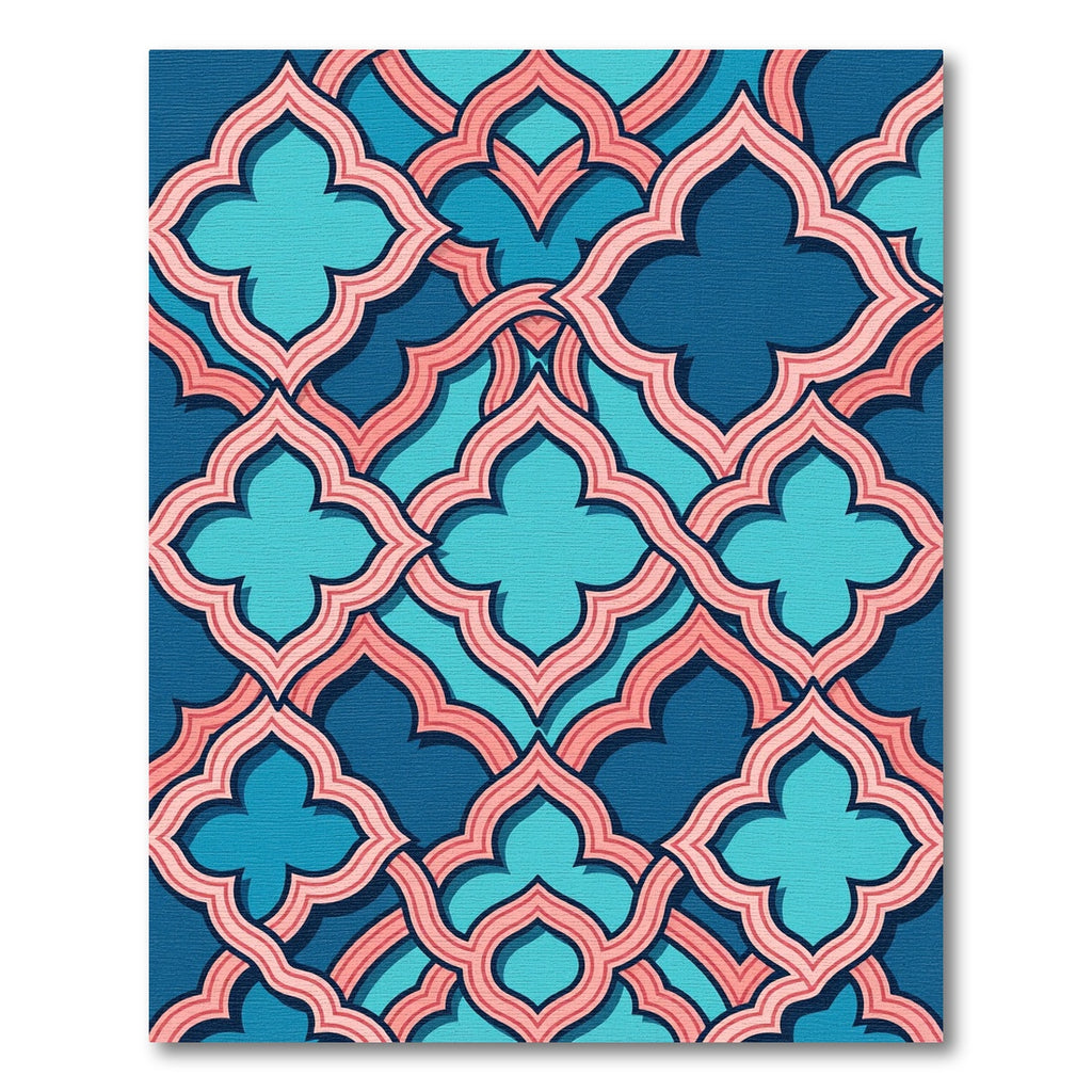 Teal and Salmon Scalloped Geometric Tile Rug