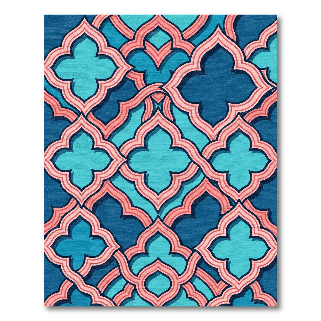 Teal and Salmon Scalloped Geometric Tile Rug