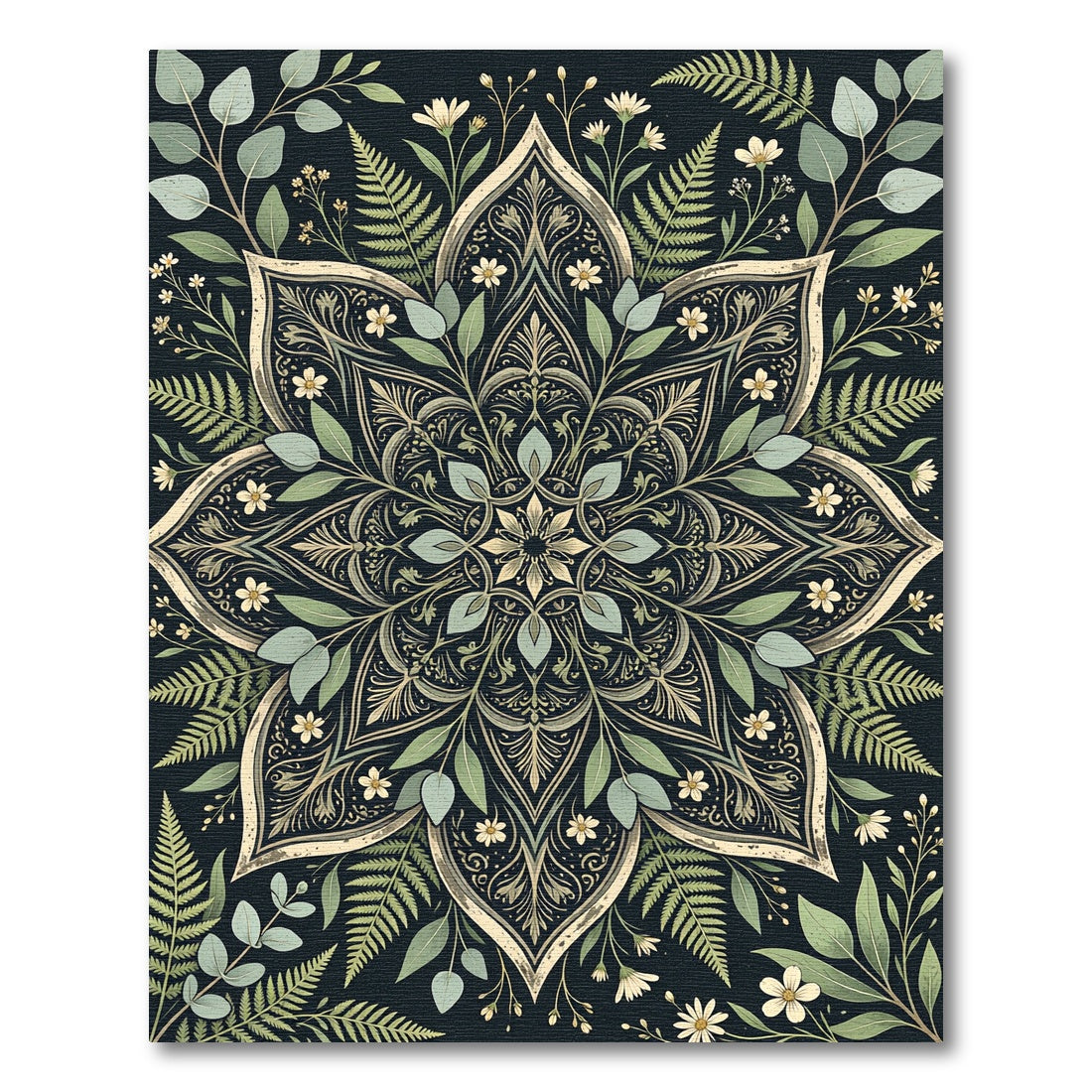 Botanical Green Fern and Wildflower Mandala Rug